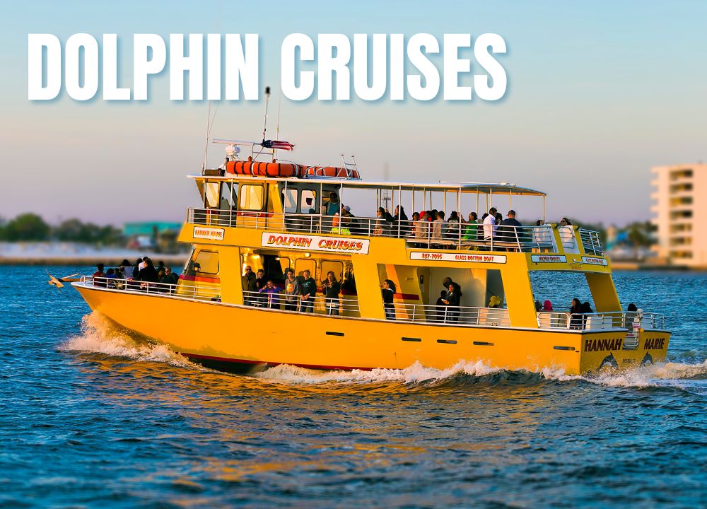 Image of a yellow dolphin cruise boat in Destin Harbor